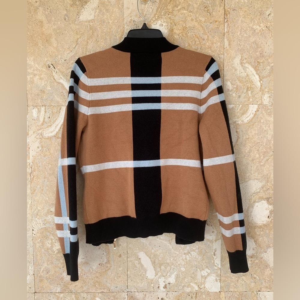 Striped Tan and Black Zip-Up Women’s Sweater - Picture 4 of 6
